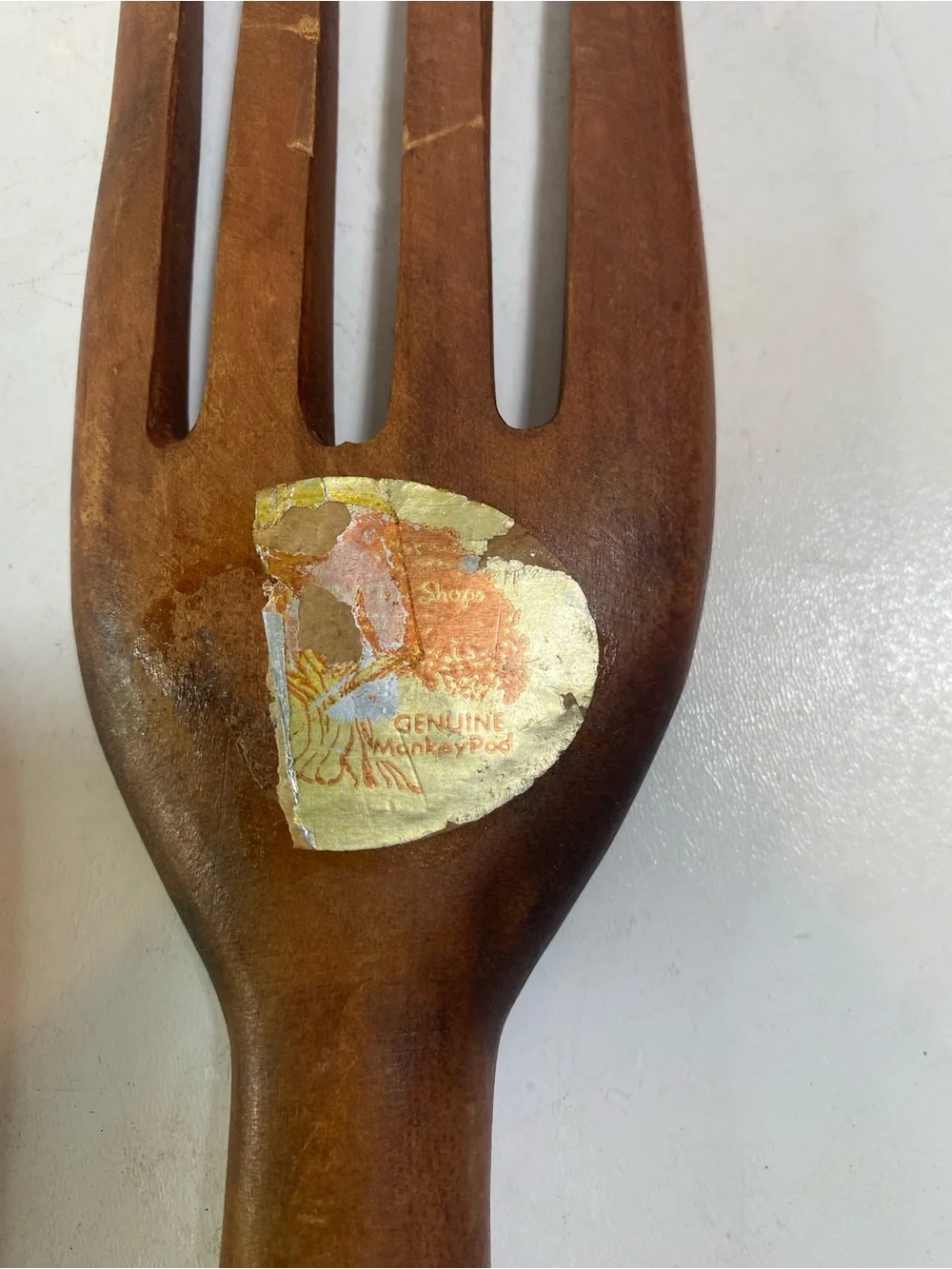 Vintage Carved Totem Monkey Pod Wooden Fork & Spoon 13” Length Partial Sticker